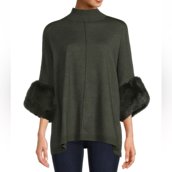 Saks Fifth Avenue Sweaters - Saks Fifth Avenue Mock neck Faux Fur Trim Poncho size M